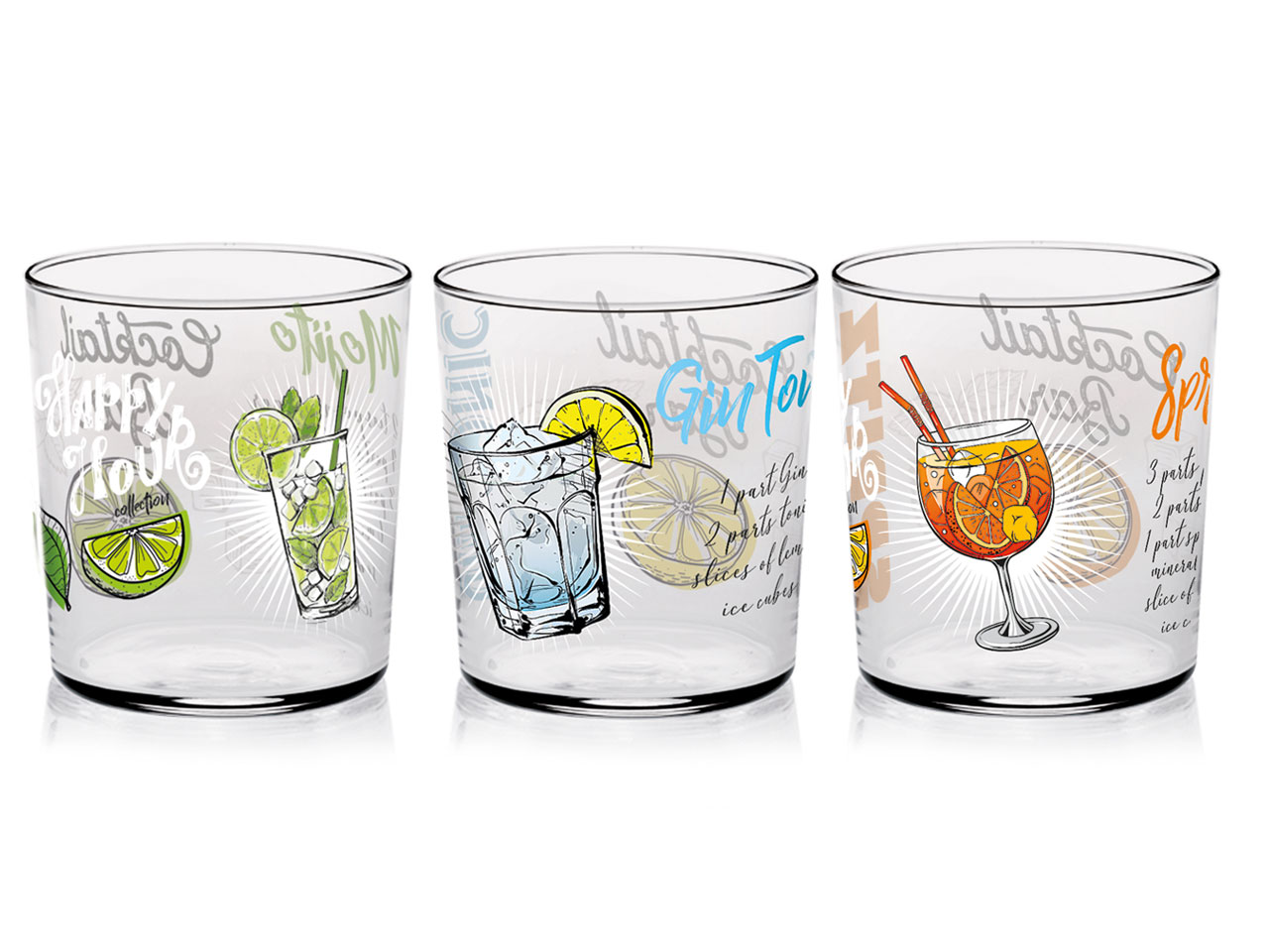 Bicchieri in vetro per cocktail linea conic in confezione da 3 pezzi con  decorazioni drink da 360cc in 3 assortimenti