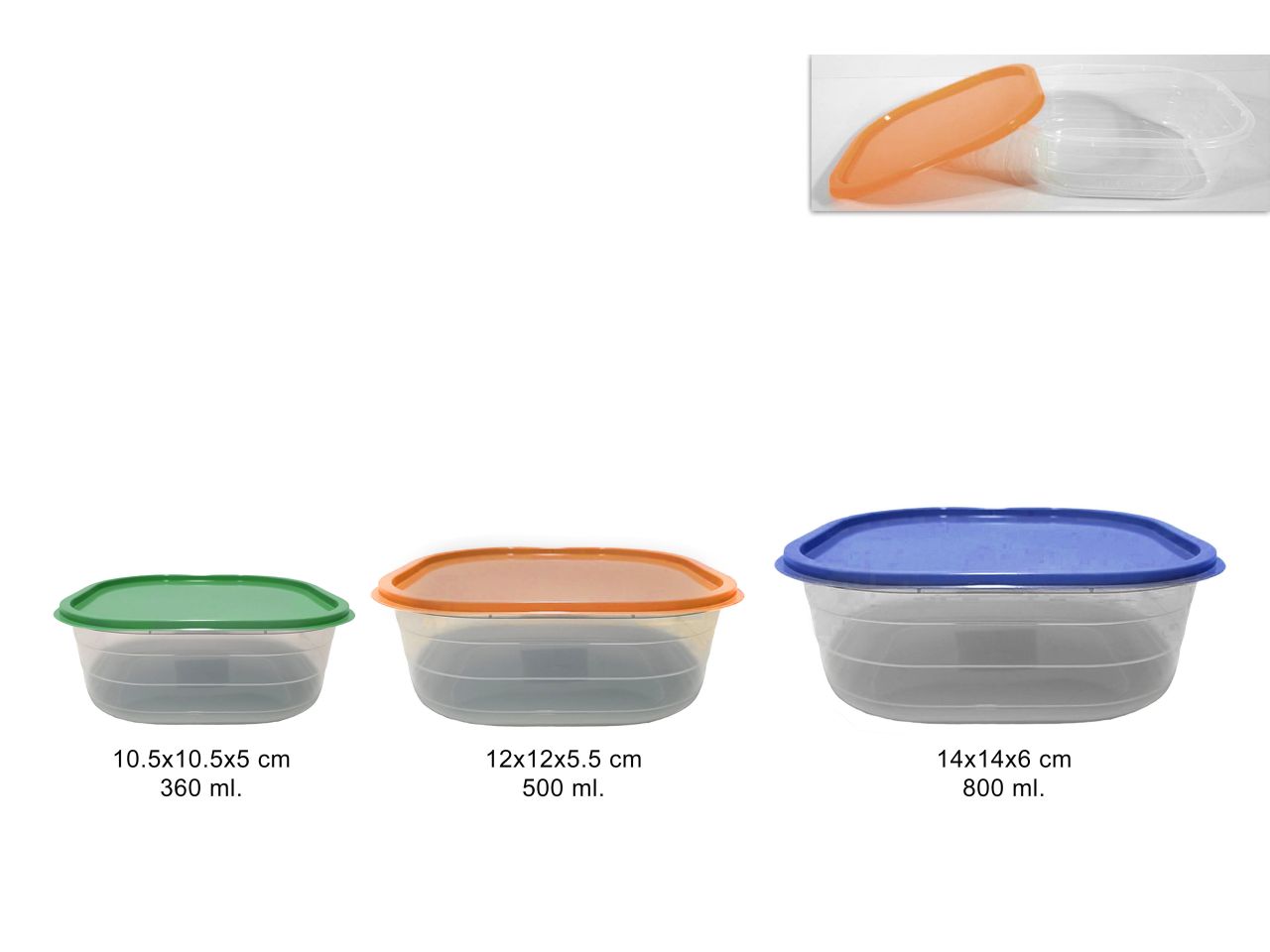 Contenitori di plastica trasparente in 3 colori assortiti misure:  10,5x10,5x5,5cm- 12x12x5,5cm- 14x14x6cm - set da 3 pezzi