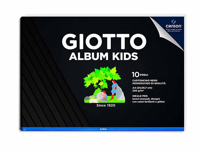 Album Giotto Kids cartoncino nero A4, 20 fogli, monoruvido di qualità 220gr
