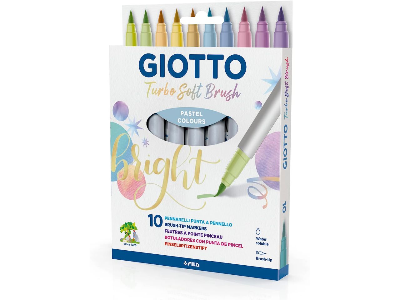 Giotto Turbo Soft Brush, Pennarelli con punta a pennello, punta solubile  all'acqua, colori pastello assortiti, 10 pezzi