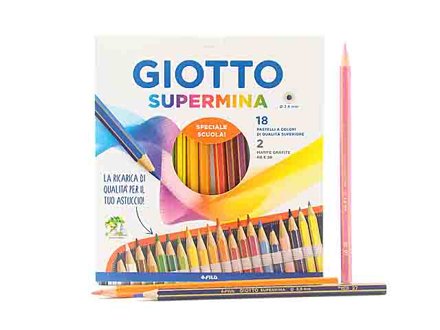 Matite colorate supermina esagonale con fusto uguale alla mina con due  matite in grafite ( HB-2B) colori assortiti D 3.8 mm Giotto