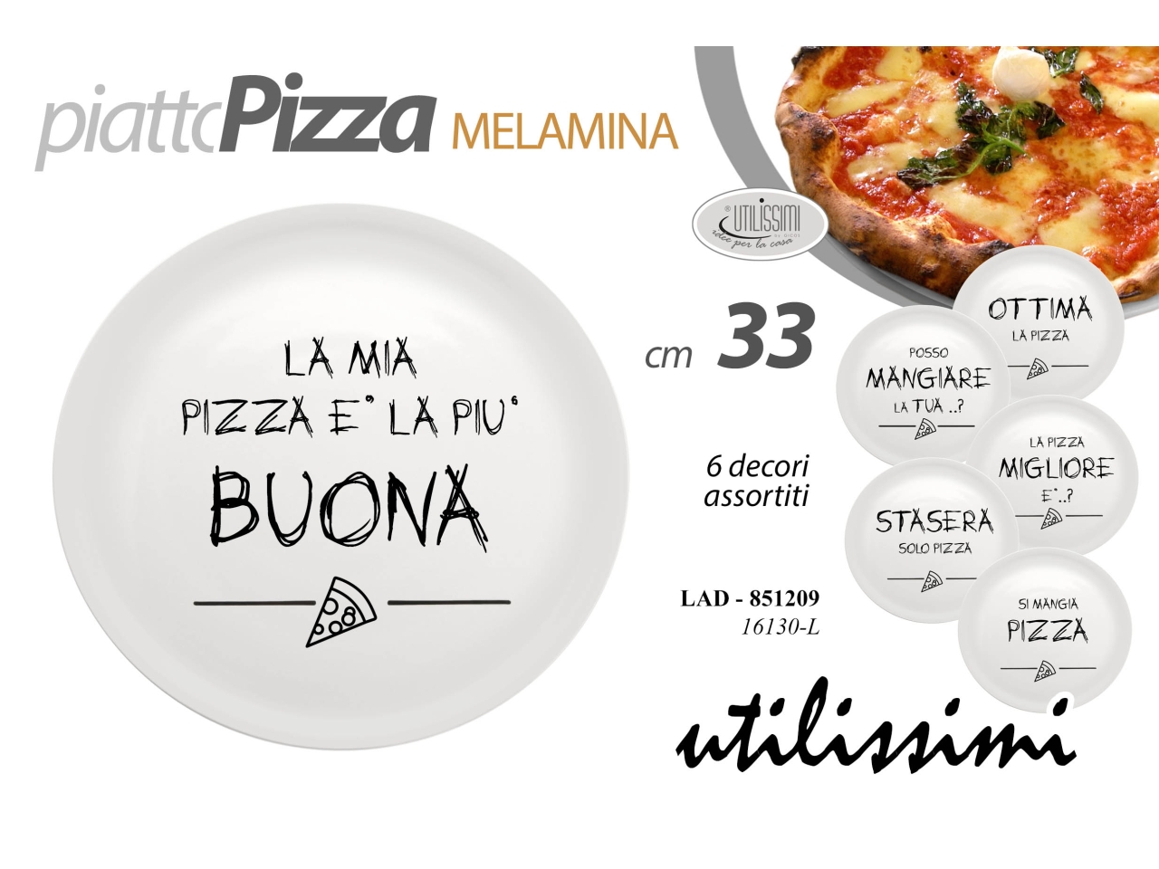 Piatto pizza in melamina diametro 33cm - disponibile in 6 decori assortiti