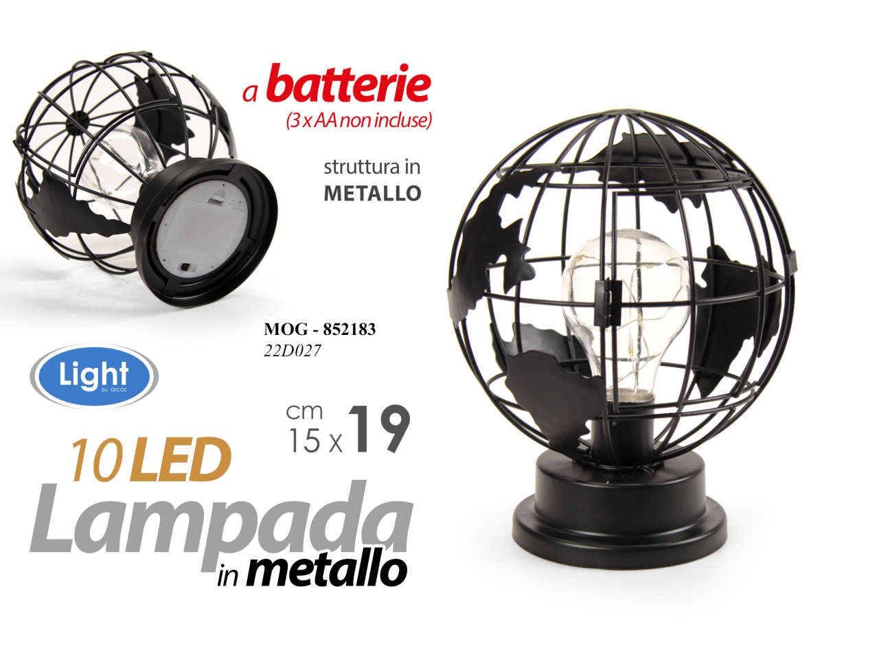 Lampada in metallo nera a forma di mappamondo con 10 led misura 15x15x19cm  - funzionamento a batterie (3x aa non incluse)