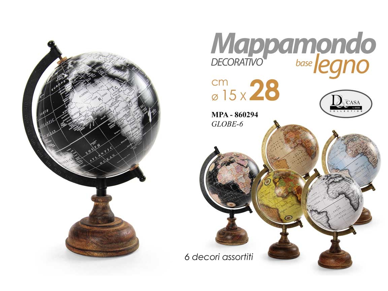 Mappamondo in legno colori assortiti misura 15x28cm