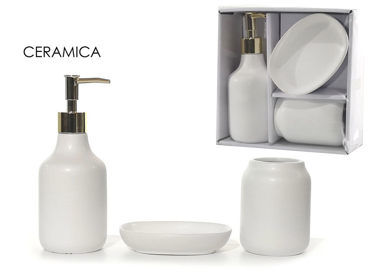 Set da bagno in ceramica bianca formato da porta sapone, dispenser