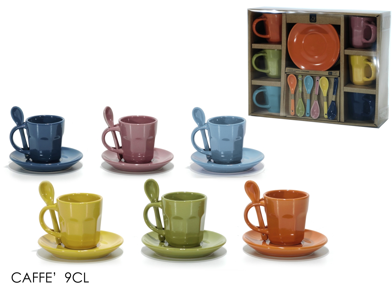 Tazzine da caffe' 9cl colorate - la confezione comprende 6 tazzine, 6  piattini e 6 cucchiaini in colori assortiti