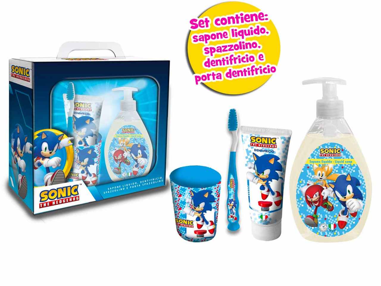 Sonic set regalo. contenuto: sapone mani, spazzolino, dentrificio, porta  dentifricio