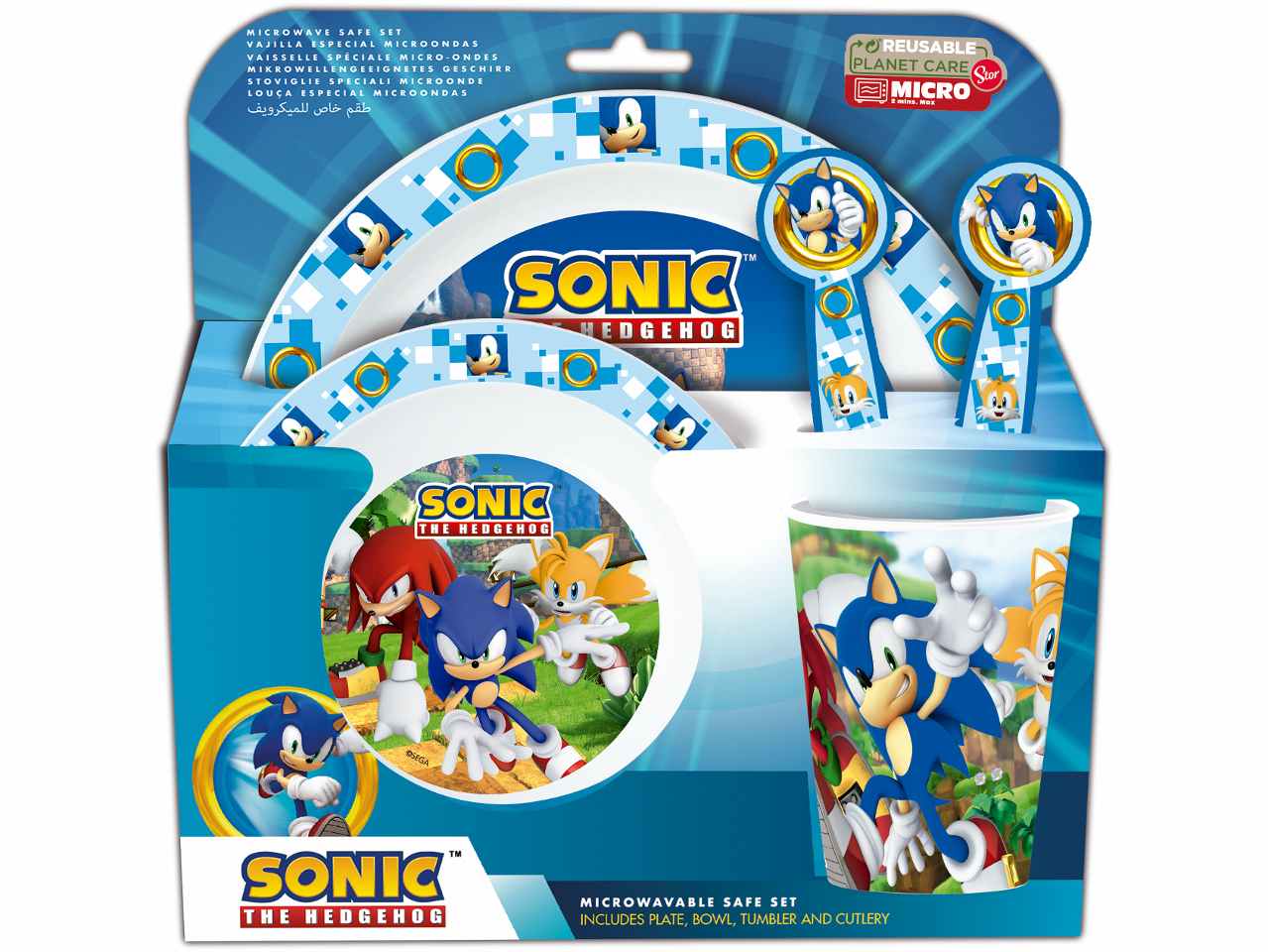 Sonic set da 5 pezzi comprende piatto fondo, piatto piano, bicchiere e  posate