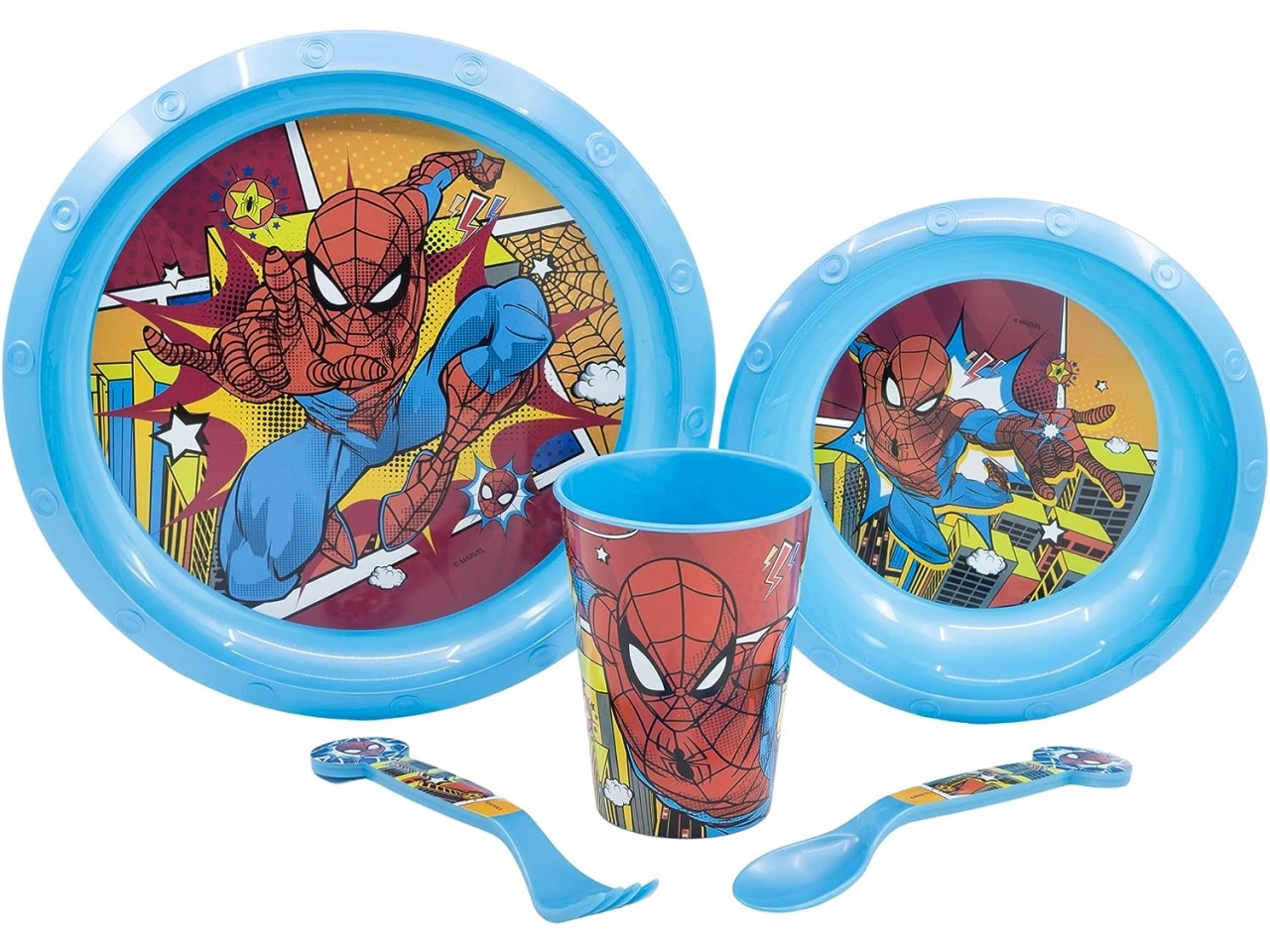 Spiderman set merenda include piatto piano, piatto fondo, bicchiere e posate