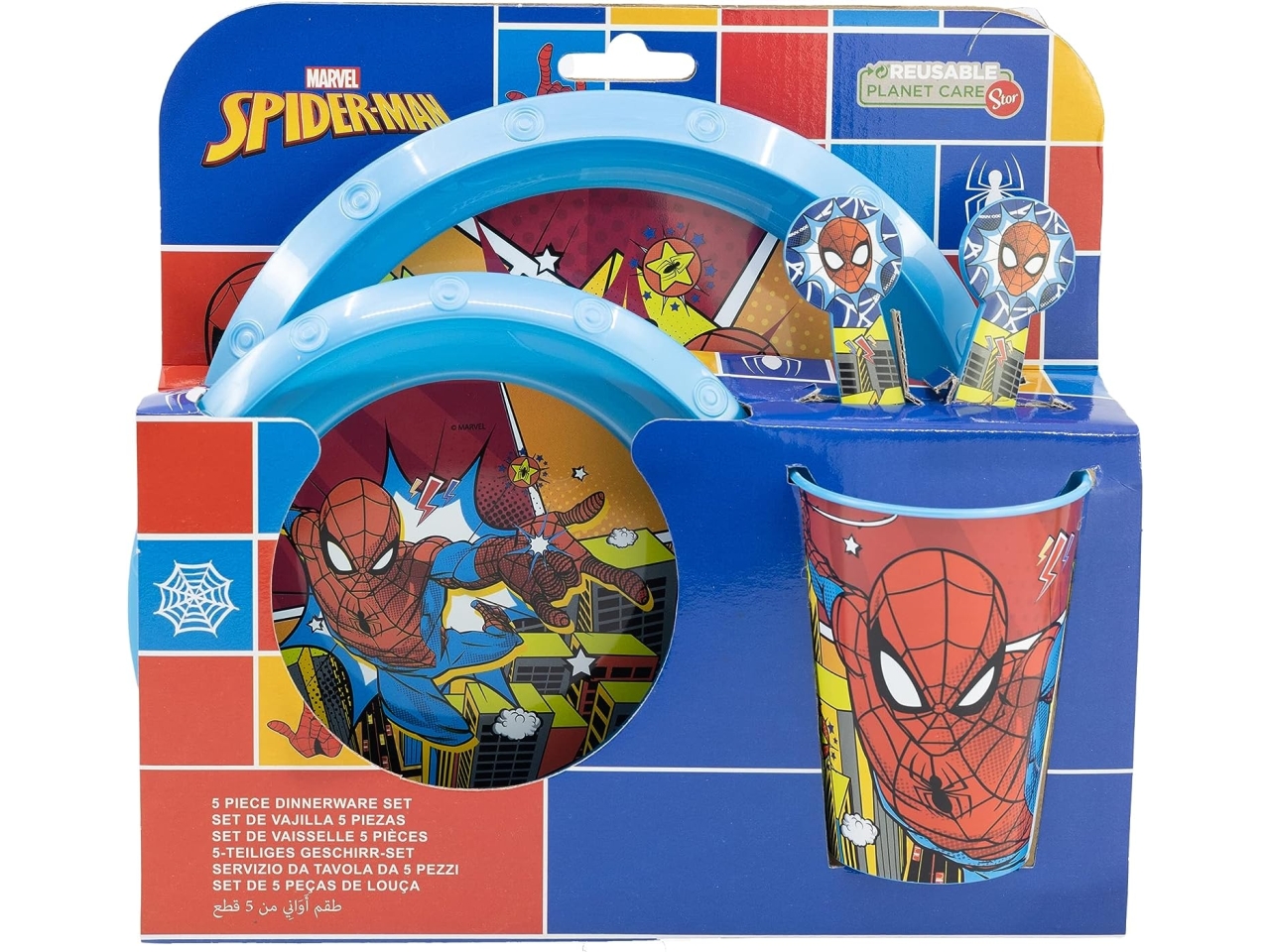 Spiderman set merenda include piatto piano, piatto fondo, bicchiere e posate