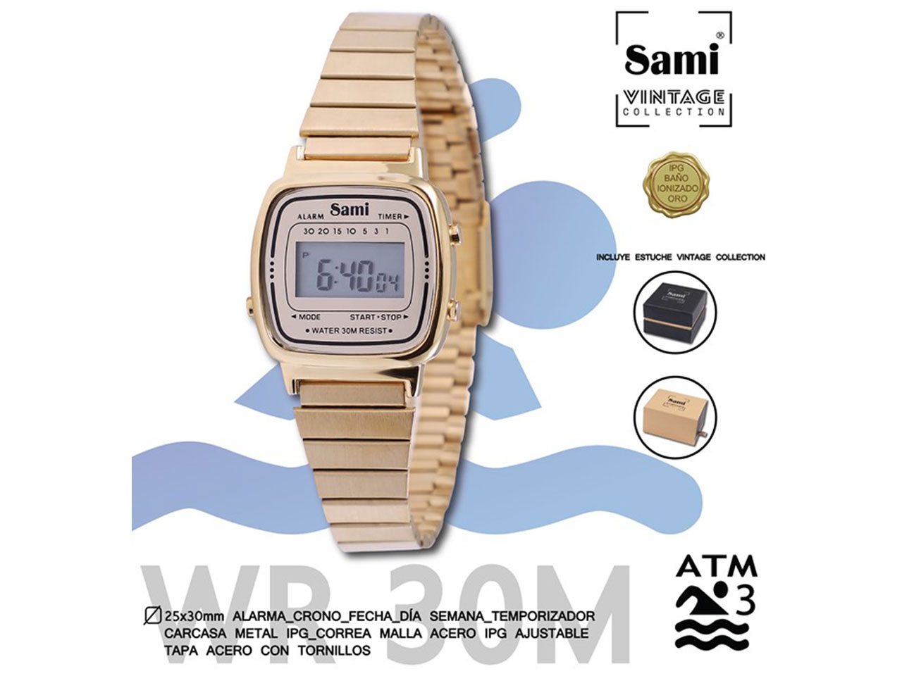 Orologio sami vintage lcd misura d.25x30mm cassa in metallo cinturino elastico regolabile 3 atm colore oro Agrusti.eu