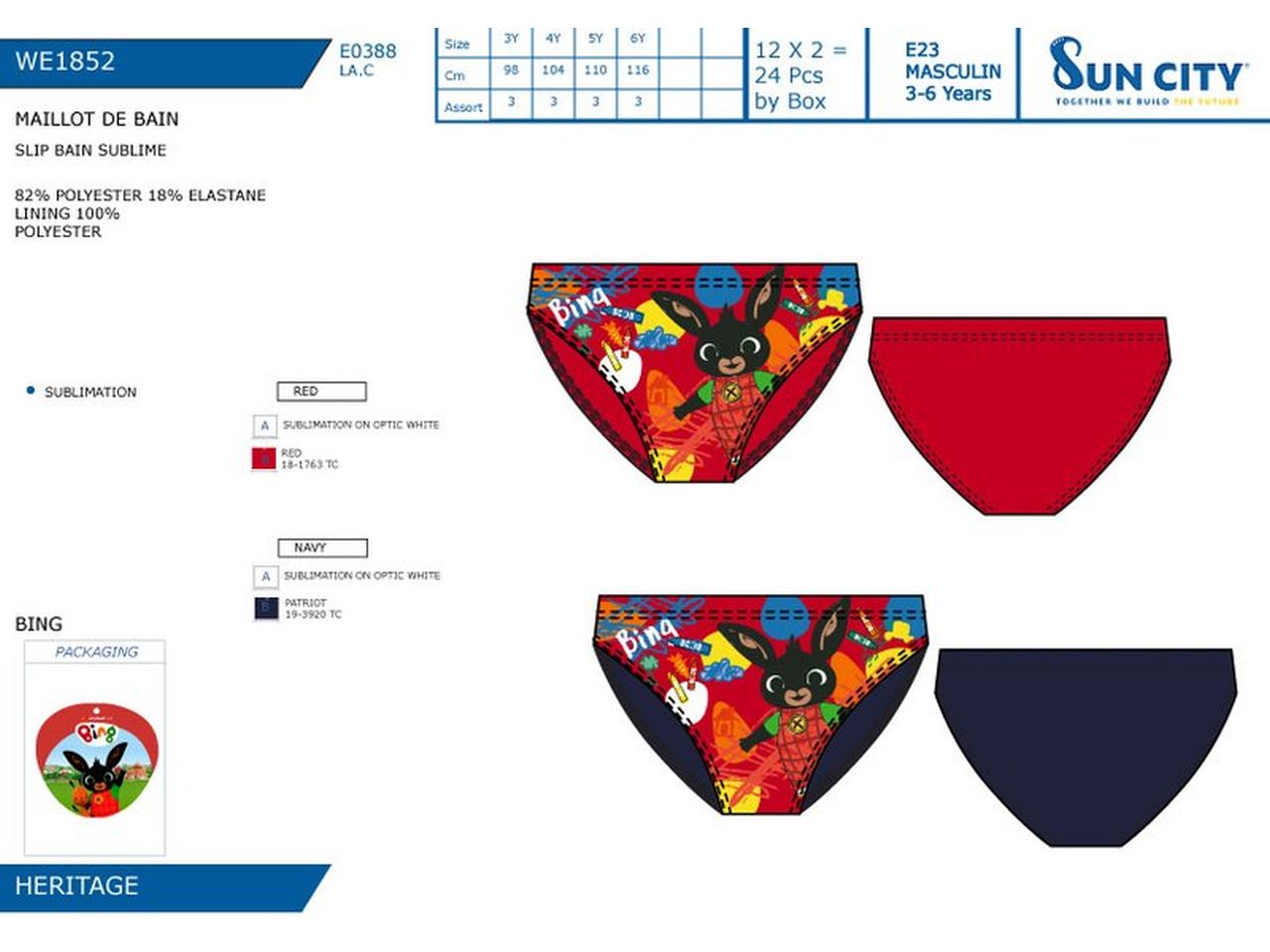 Bing slip costume da bagno taglie assortite 3-4-5-6 anni nei colori rosso e  navy