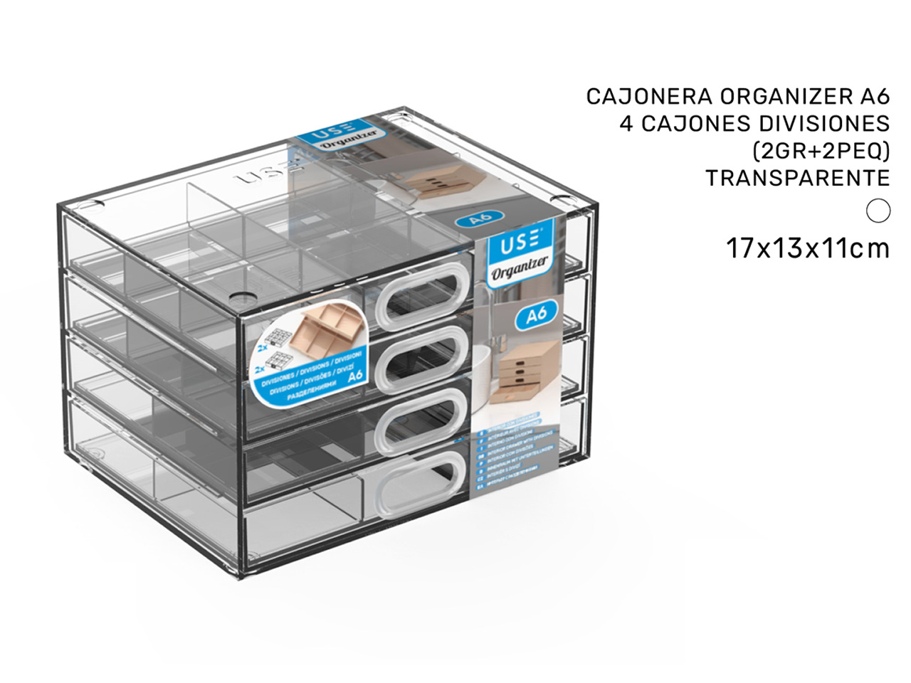 Cassettiera organizer a6 - 4 cassetti - divisori (2gr+2peq) trasparente