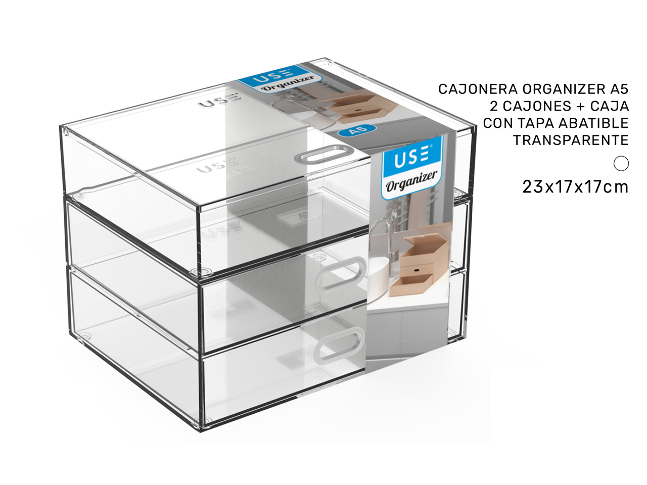 Cassettiera organizer a5 - 2 cassetti + scatola con coperchio trasparente